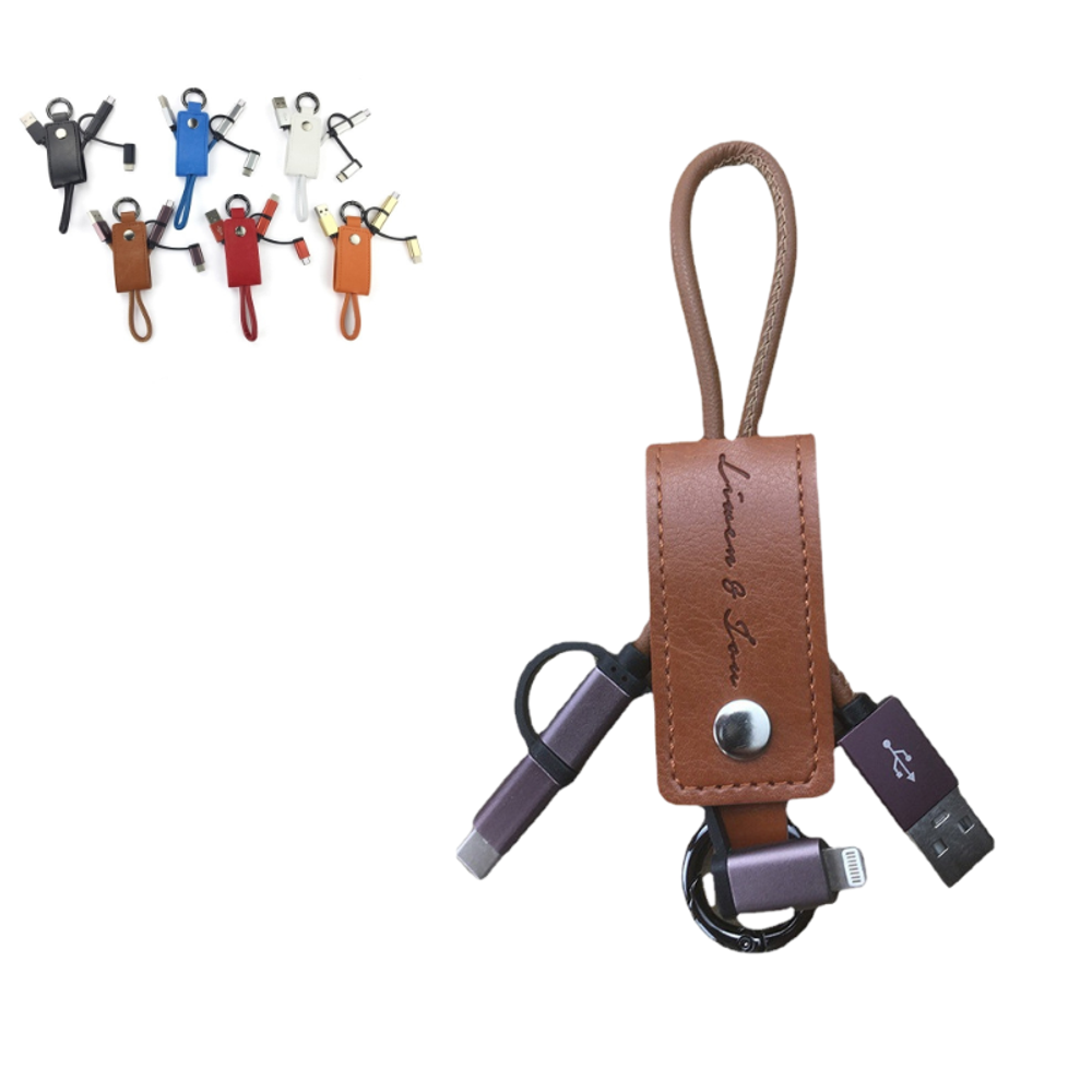 Custom 3 in 1 Leather Charging Cable Keychain with logo - Tech promotional product