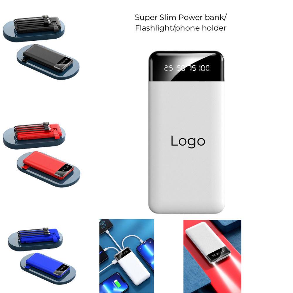 Custom 10,000 mAh Power Bank with 4-in-1 Cable Flashlight Function with logo - Tech promotional product