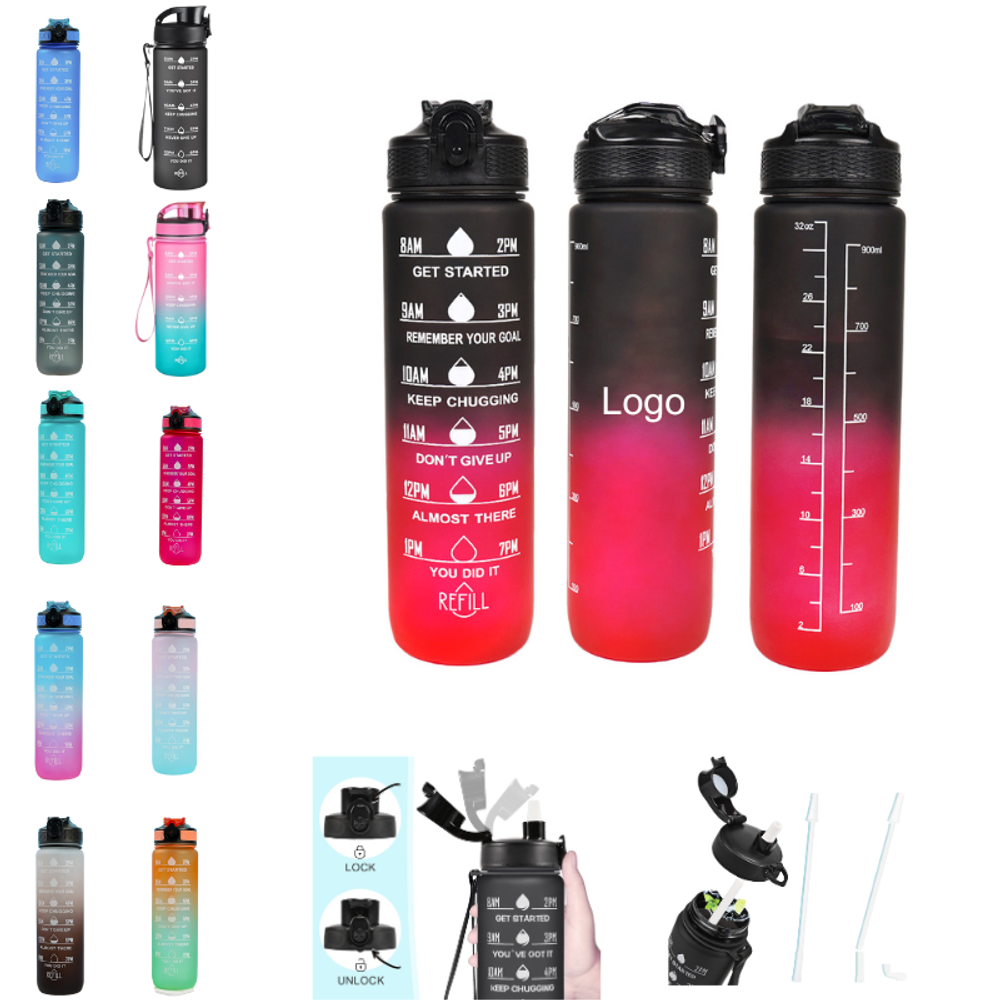 Custom 32 oz Sport Water Bottles with Times to Drink and Straw with logo - Drinkware promotional product