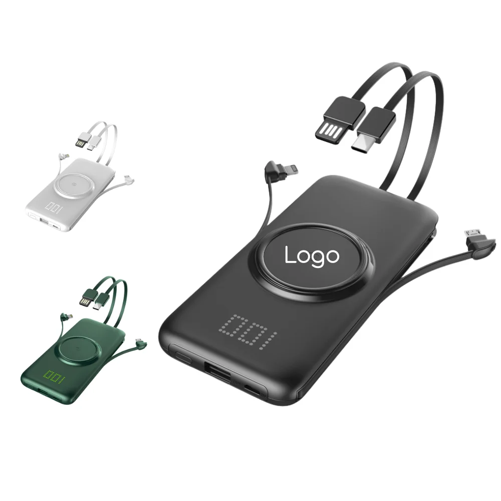 Custom 10000 mAh Wireless power bank with built-in cable with logo - promotional product