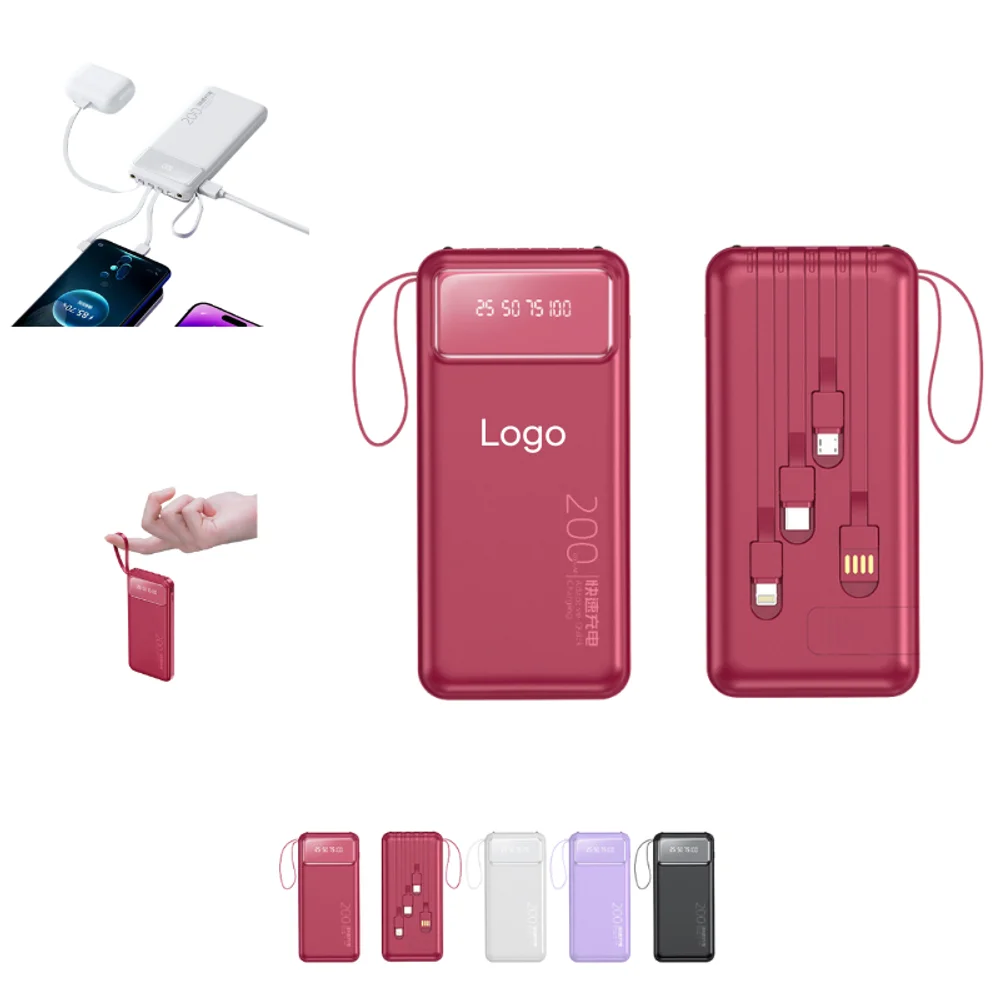Custom 20,000 mAh Power Bank with 4-in-1 Cable LED Function with logo - Tech promotional product