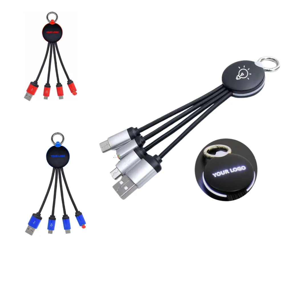 Custom Keychain 3-in-1 LED Glow Charging Cable with logo - Tech promotional product