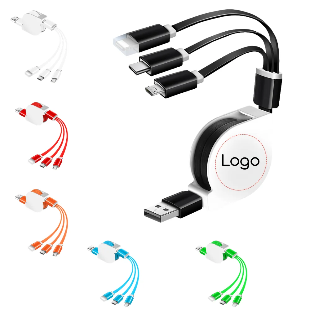 Custom Retractable 3-in-1 Fast Charging Cable with logo - Tech promotional product