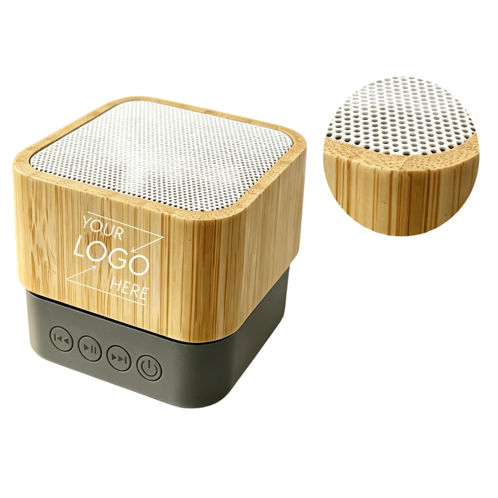 Custom Mini Bamboo Square Portable Speaker with logo - Tech promotional product