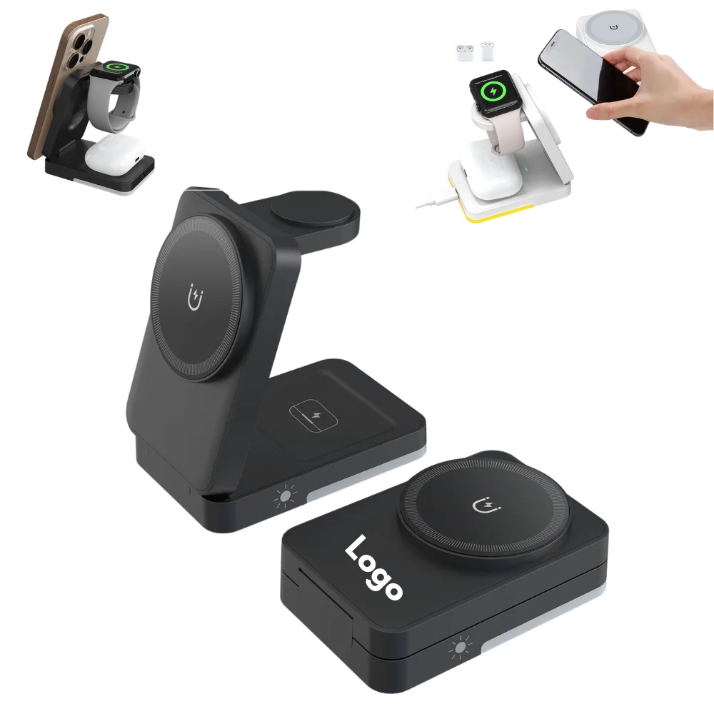 Custom 3-in-1 Magnetic Wireless Charger with logo - Tech promotional product