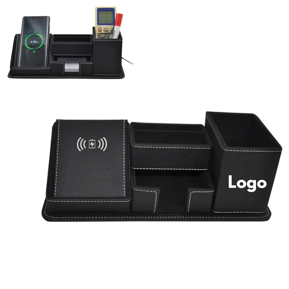 Custom Leather Desk Organizer Box with Wireless Charger with logo - Tech promotional product