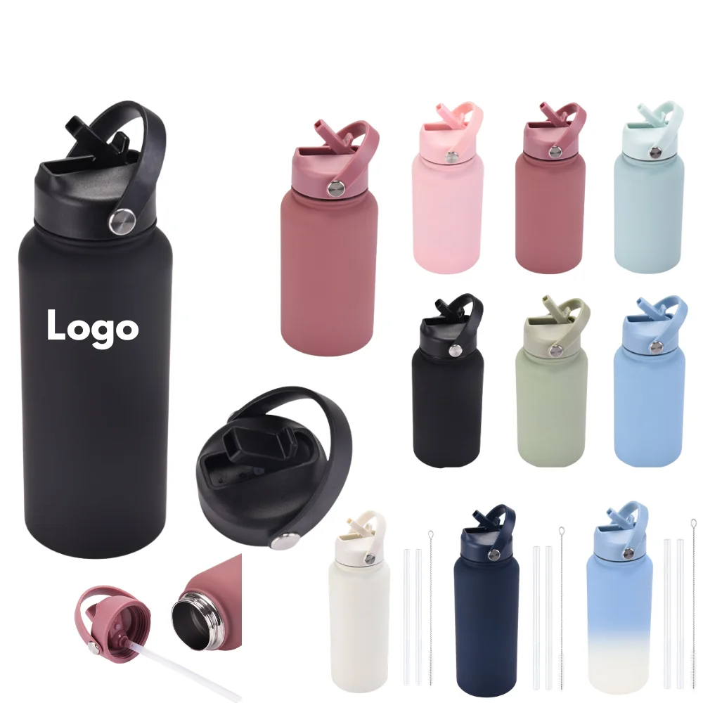 Custom Stainless Steel Sports Bottle with Handle and Straw with logo - Drinkware promotional product