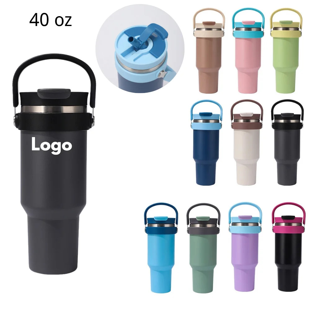 Custom 40 oz Stainless Steel Insulated Bottle with Handle and Straw with logo - Drinkware promotional product