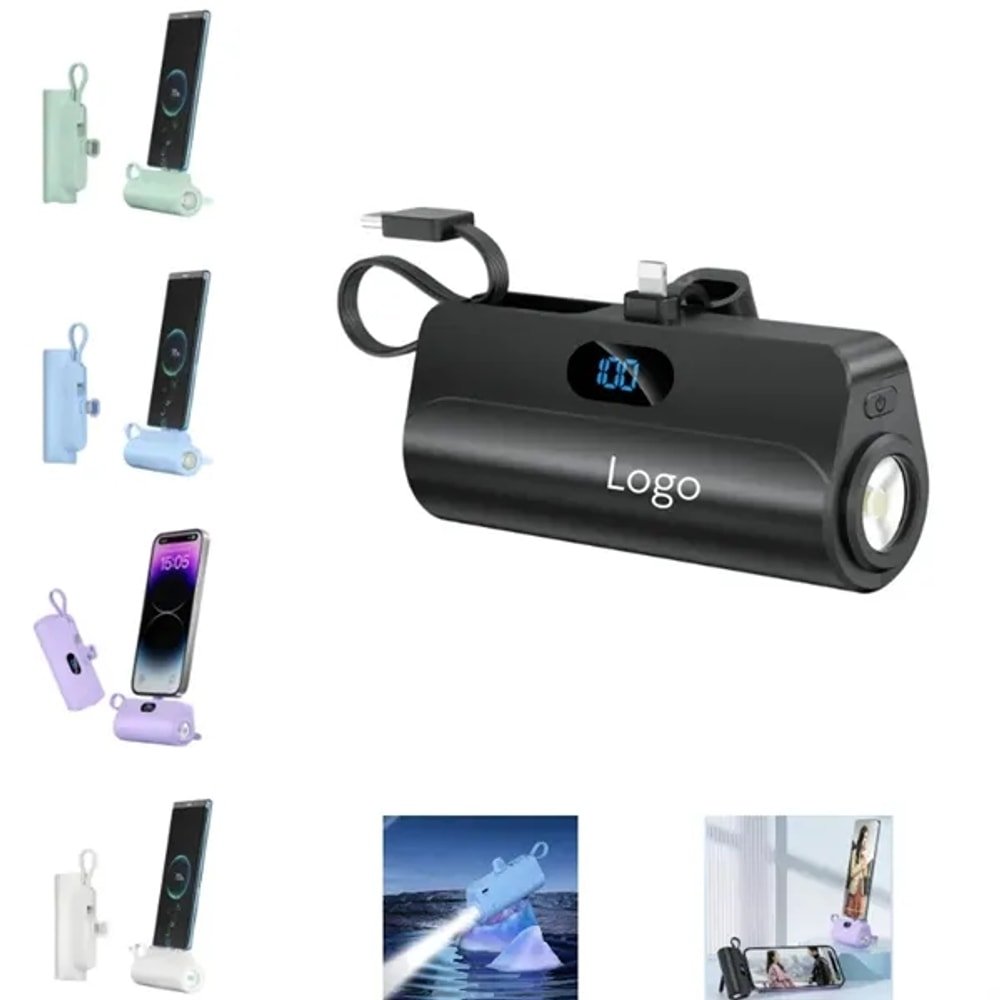 Custom Mini Power Bank with Built-in Cable Flashlight with logo - Tech promotional product